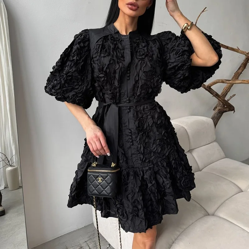

High Quality Splicing 3D Flowers Dresses Spring Women Lapel Puff Sleeve Mini Dress Summer High Waist Slim Lace Up Short Dress