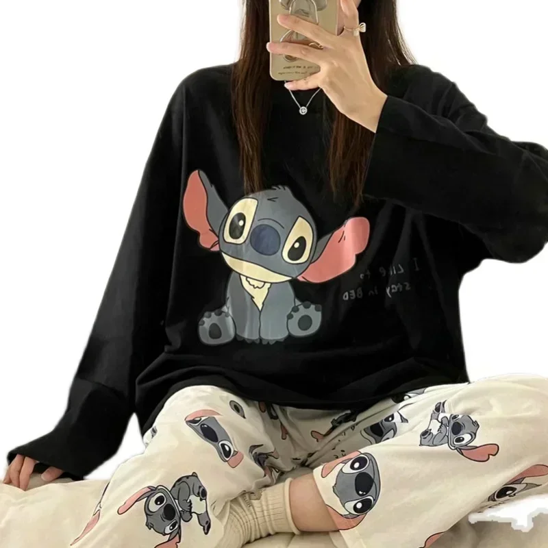 Disney Stitch set piyama lengan panjang wanita, celana panjang katun murni dua potong, set piyama sutra untuk wanita