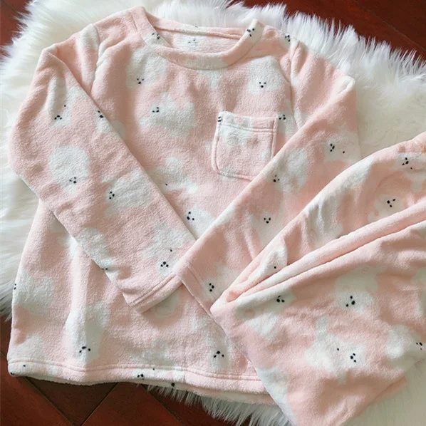 

Милый плюшевый комплект для сна с медвежонком: мягкая тонкая женская домашняя одежда в нежном стиле, пижама с длинным рукавом и круглым вырезом для зимнего сезона