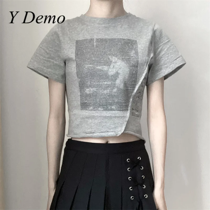 Y Demo Irregular Grunge Short Sleeve Letter Print T-Shirt For Woman Casual Crop Tops Streetwear Summer