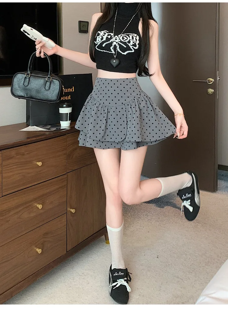 Koreanischer Stil Damen Polka Dot Minirock Hohe Taille Rüschen A-Linie Lässiger Pendler-Kurzrock mit Innenfutter – Detail 10