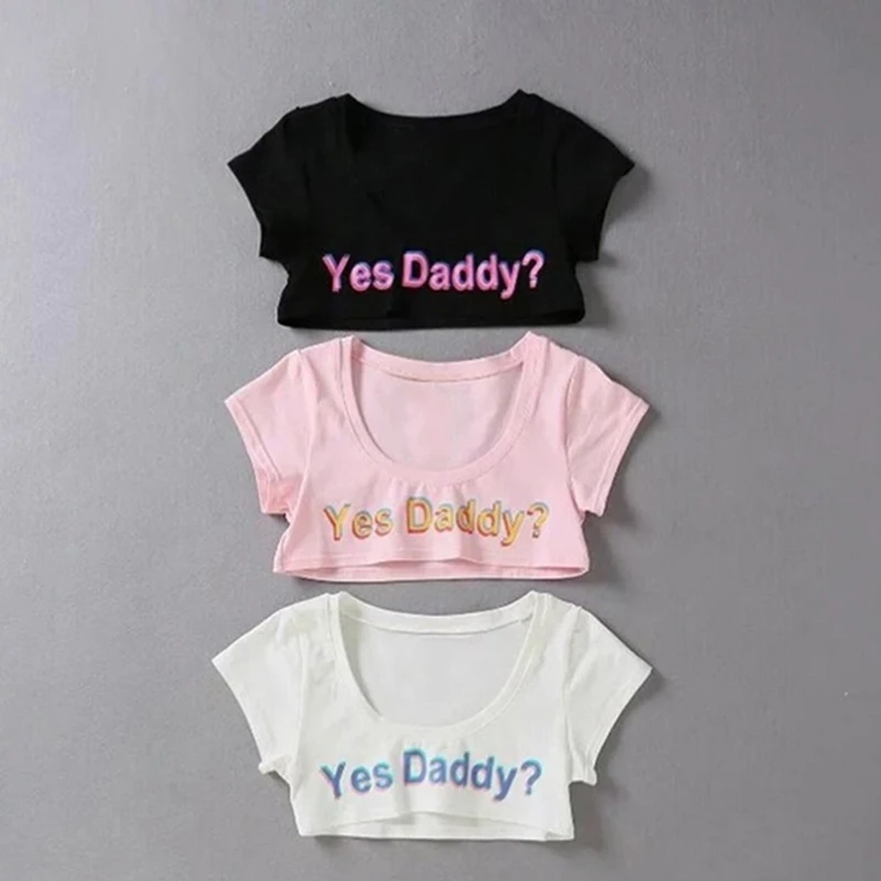 

Women Letter Print Short Sleeve Yes Daddy Short Top Sleeve Crop Running T Shirt