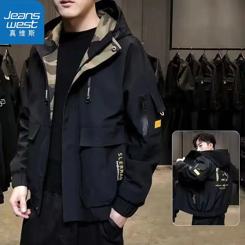 Jeanswest 2023 Multi-styler All-match Men's Coat Spring and Autumn Tooling Fashion Trend All Lapel Jacket Hooded Casual Coat