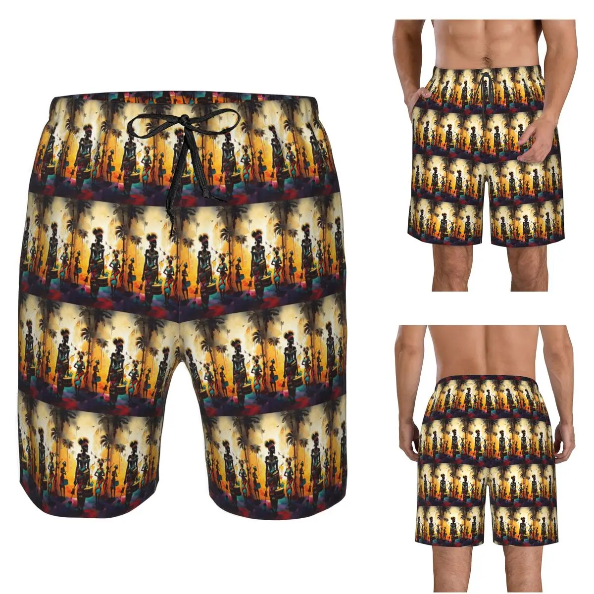 African Drum Performance Tribal Trunks Beach Board Shorts Casual Quick Dry Swim Summer Men Pants