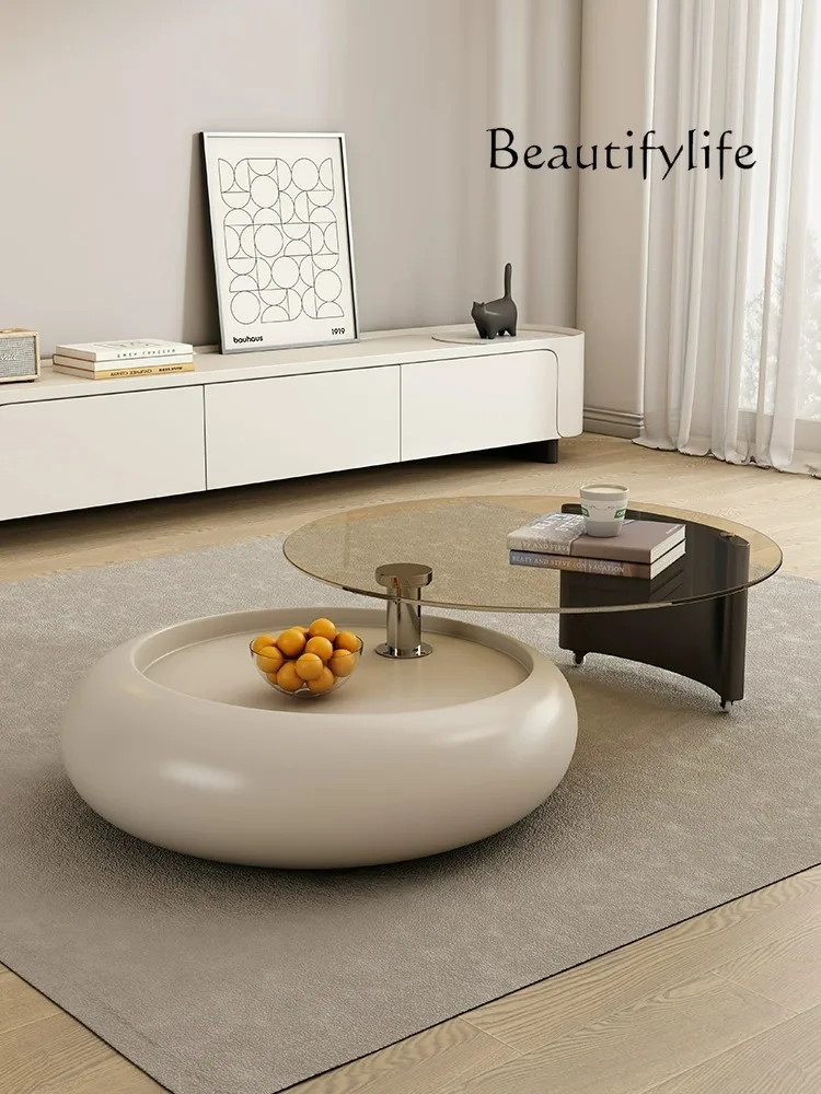 Cream Style Rotating Coffee Table Living Room round Light Luxury High-Grade Designer Tempered Glass Coffee Table