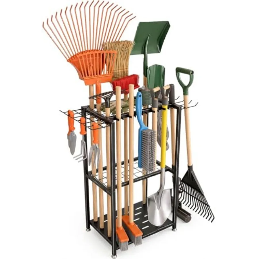 

Garden, 3-Tier Metal Yard Tool Rack with 14 Hooks and 5 Slots, Holds 50+ Rakes/Shovels/Brooms, Heavy Duty Freeing Lawn Tool Sto
