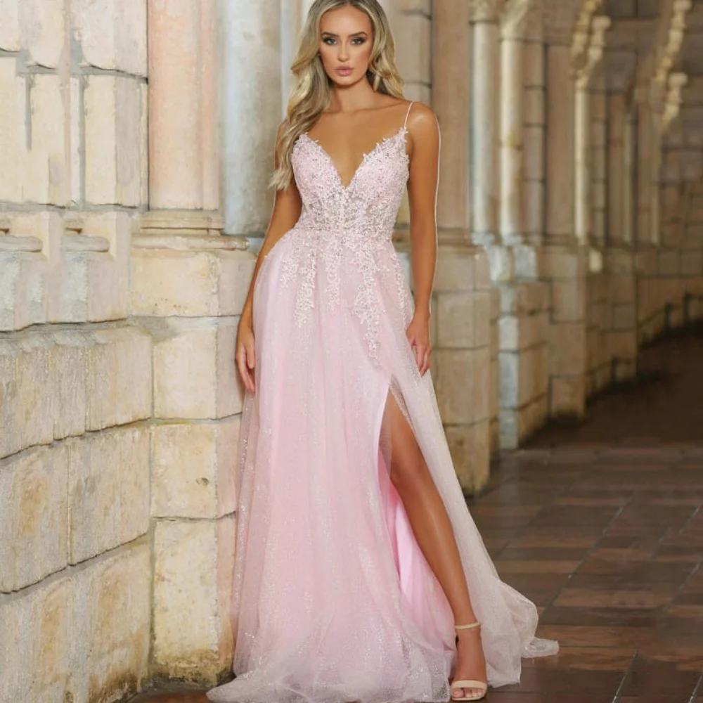 Customized Pink Romantic Prom Dresses V Neck A Line Applique Party Gowns Spaghetti Straps Evening Dress Split Vestidos De Novia