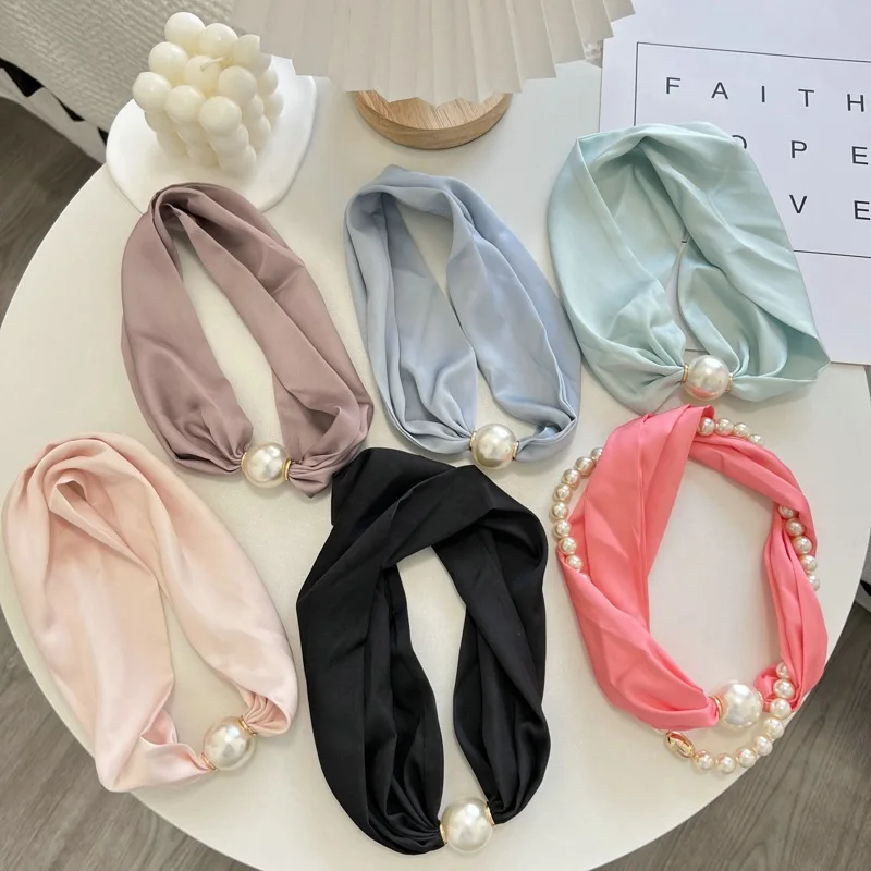 2024 National Style Pure Color Pearl Magnetic Buckle Necklace Small Scarf Women\'s Thin Decorative Long Scarf All-Matching Scarf