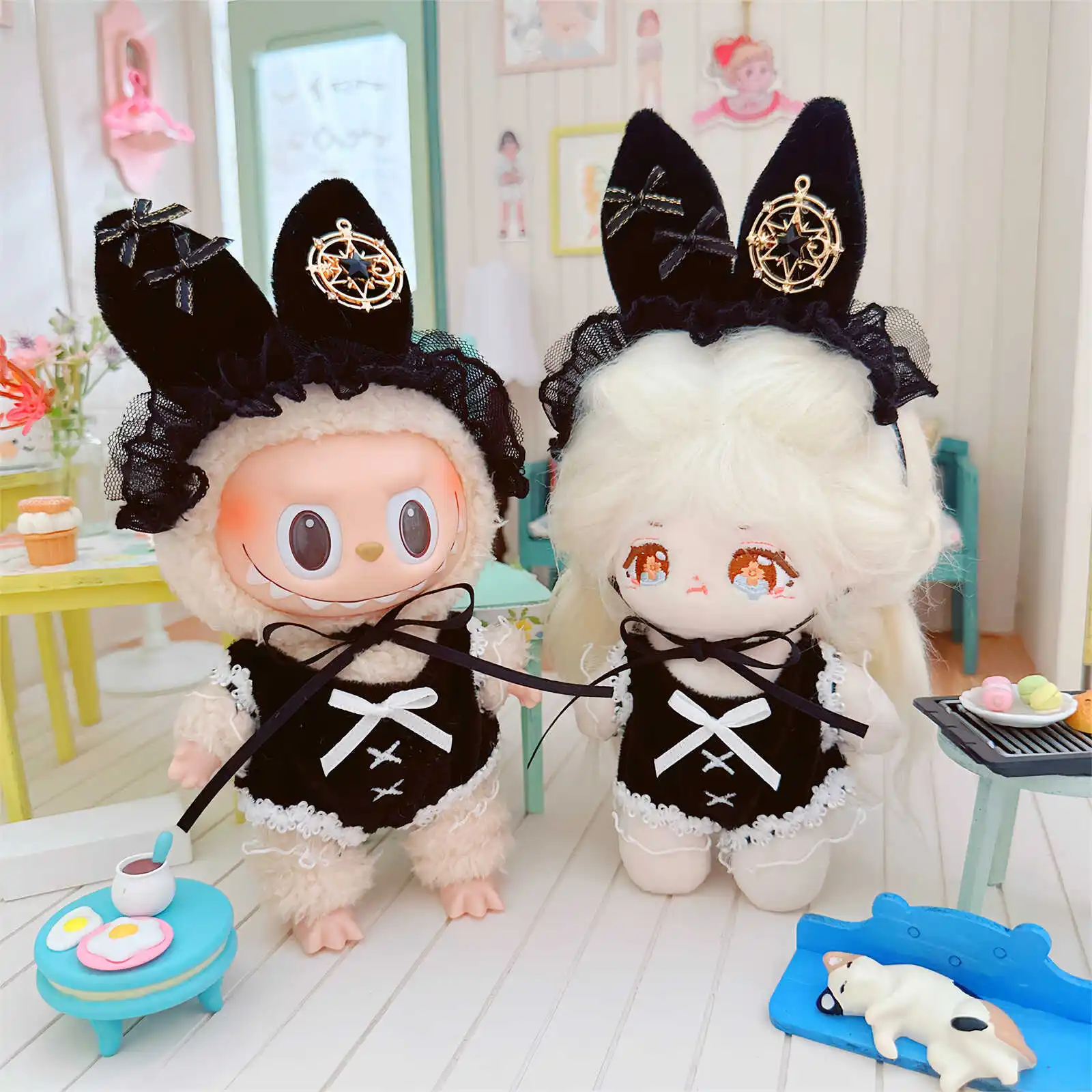 Hot Labubu Doll Clothes Fashion Clothes Black Lace Bow Strap Sexy Dress Up Suit  For 17cm Doll Clothes Dolls Accessories