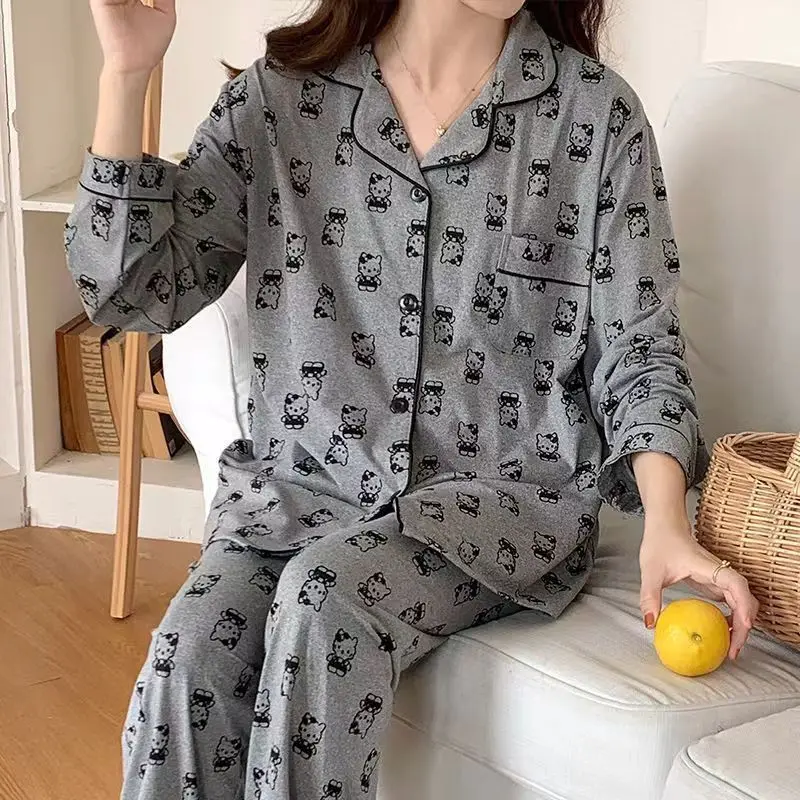 

Sanrio Hello Kitty Cotton Pajamas 2 Piece Set Kawaii Cartoon Student Sleepwear Long Sleeve Pant Spring Nightwear Home Clothe New