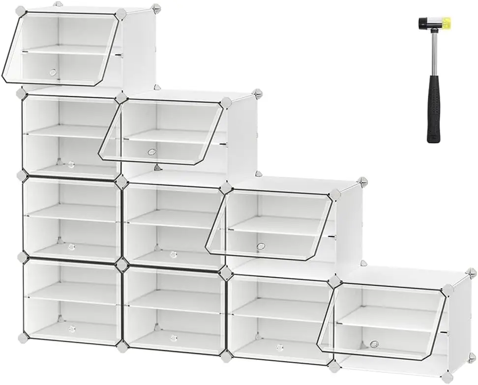 

Shoe Rack 10 Cubes Shoe Organizer with Doors,40 Pair Plastic Shoe Storage Cabinet,for Bedroom,Entryway,Steel Frame,Plastic Panel