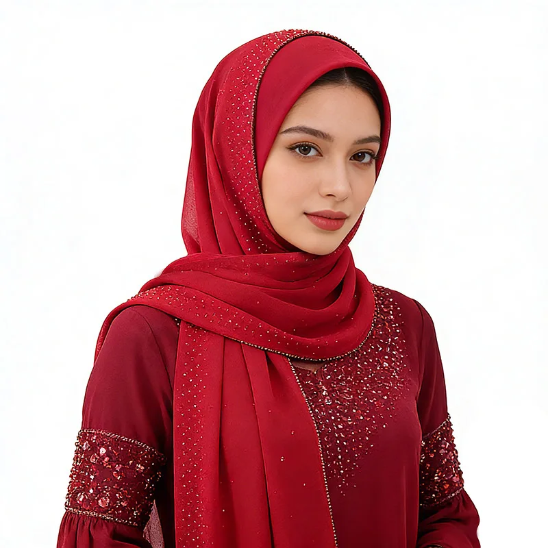 

Мусульманский модный хиджаб из шифона со стразами, этнический платок-шарф, дышащий и не душный, 70x170 см, длинный головной платок, всесезонный стиль