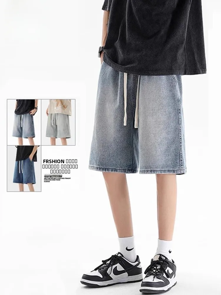 

Мужские летние джинсовые шорты из вельвета с эластичным поясом, в американском ретро-стиле, свободного прямого кроя, износостойкие