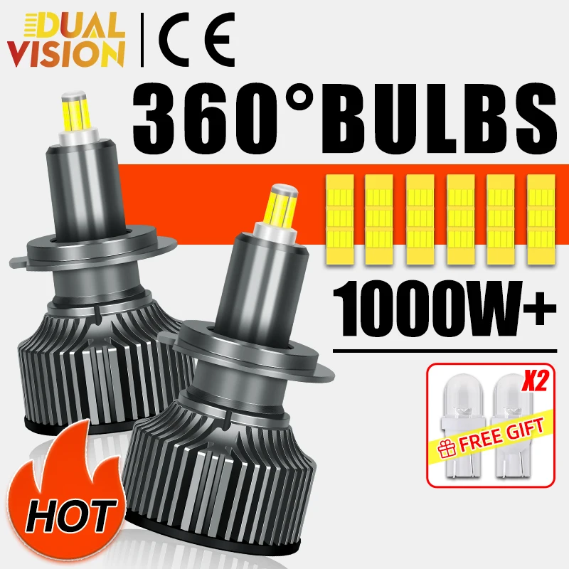 

360 H7 Led Canbus 1000W Car Headlights Bulbs Turbo H1 H8 H9 H11 Bulbs 9005 9006 HB3 HB4 9012 Hir2 Lighting Bi Led for Fog Lights