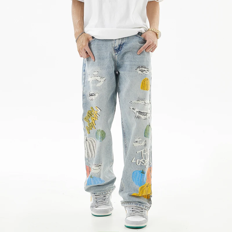 Street Hip-Hop Printed Jeans Men's Trendy Personality Loose Straight Wide Leg Casual Retro High-End Washed Trousers