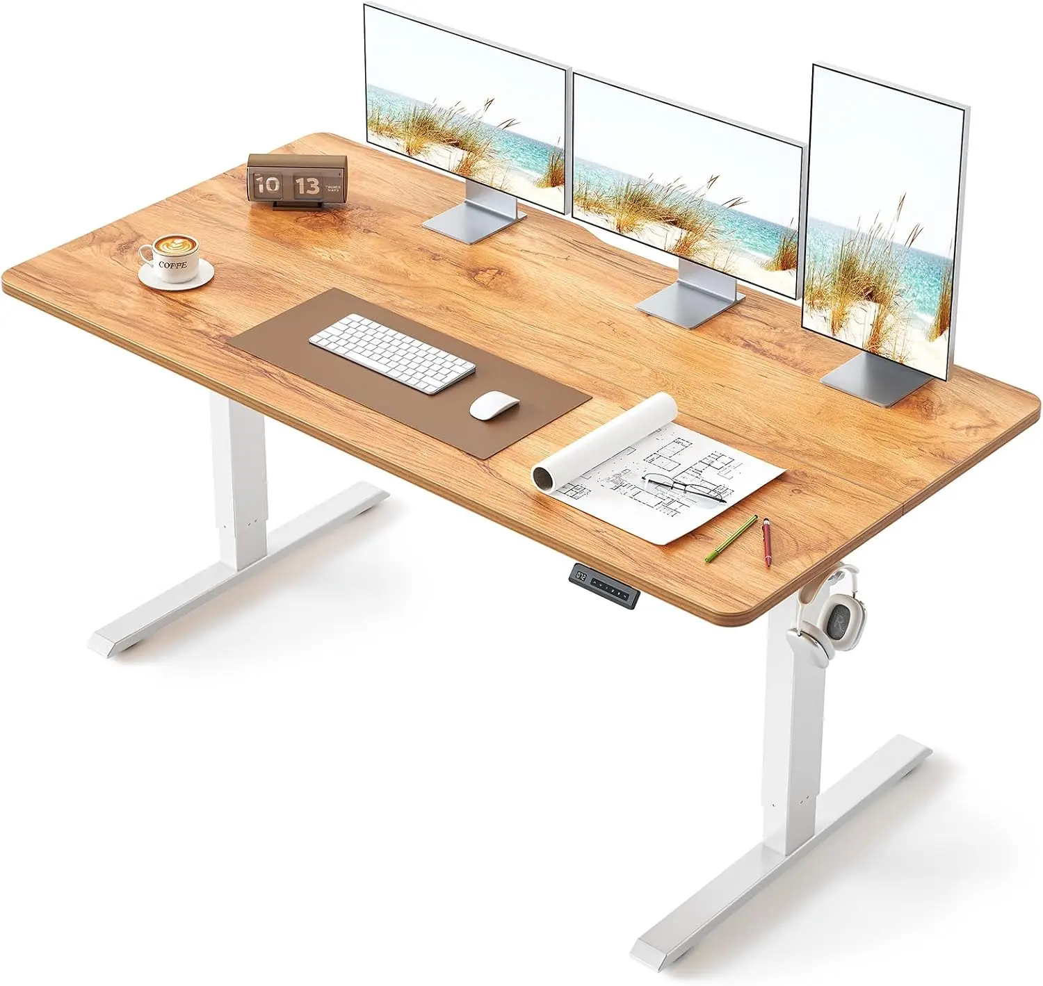 electric height adjustable sit stand up computer office desk 63x28 inches white frame light rustic top