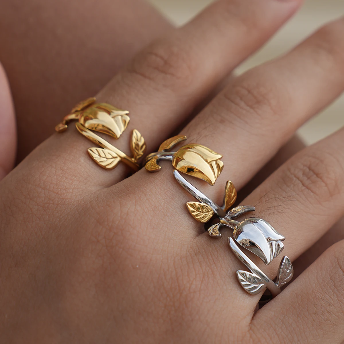 316L الفولاذ المقاوم للصدأ زهرة قابل للتعديل افتتاح خواتم الموضة مقاوم للماء المعادن تشويه مقاومة مجوهرات للنساء بيجو #5