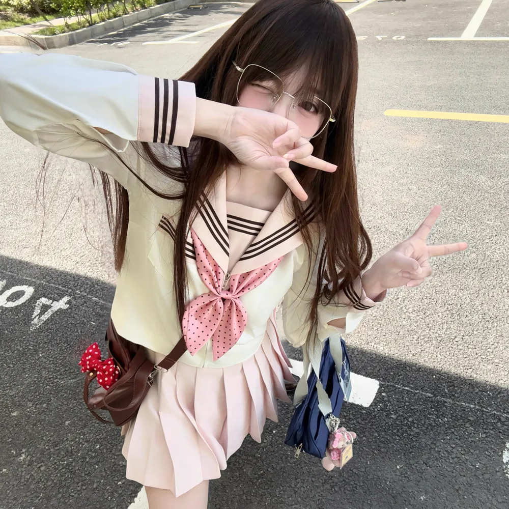 

Pink Long/Short Sleeves Sailor Suit Korean Japanese High School Girls Student Uniform Women Sexy Jk Uniform Set Pleated Skirt
