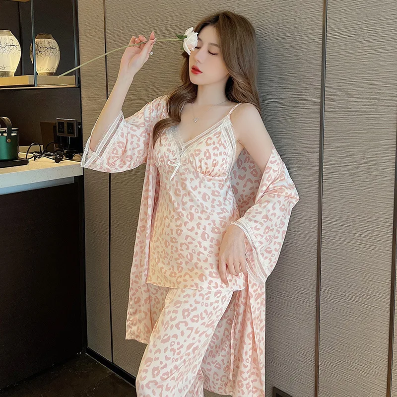 3PCS Pajamas Bathrobe Set Spring Autumn Silk Satin Sleepwear Sexy Leopard Trouser Suits Loose Casual Home Clothes Loungewear