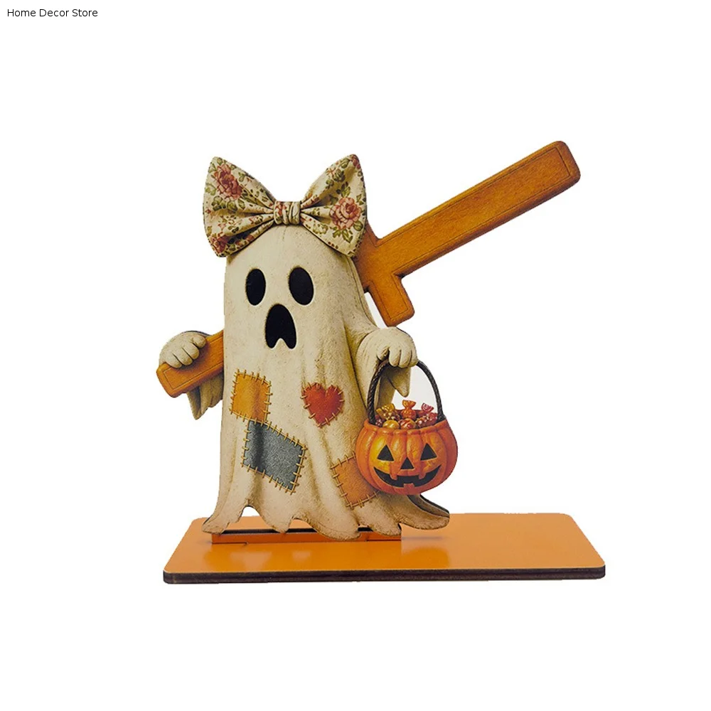 Vintage Patch Ghost Wooden Towel Holder Cute Witch Ghost Standing Halloween Ghost Roll Holder 2D Flat Pumpkin Bucket