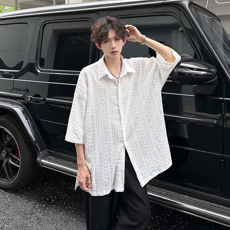

Summer Short Sleeved Shirt Men Fashion Society Mens Black Dress Shirt Korean Loose White Casual Shirt Mens Hollowed Out Shirts