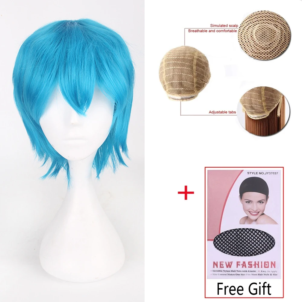 Wig Cosplay Sintetis Rambut Pendek Berbulu Universal 30Cm Hitam Merah Muda Kostum Pelajar Pesta Anime Bernapas Ringan + Topi Wig