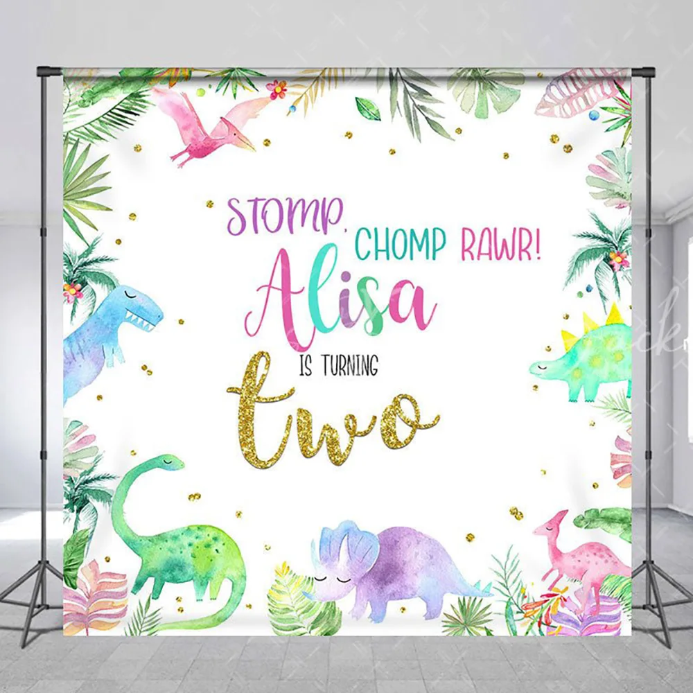 

Красочный фон для фотосессии на 2-й день рождения мальчика с динозаврами и именем на заказ, реквизит для фотозоны в стиле джунглей