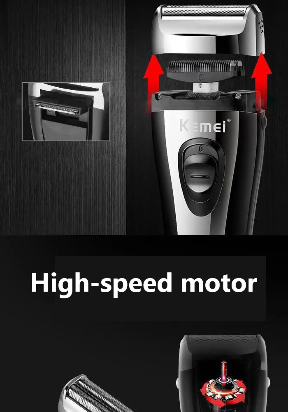 KM-9038 Leistungsstarker, wiederaufladbarer Rasierer für Männer, Folien-Elektrorasierer, Bart- und Kopfrasierer, elektrischer Rasierer für das Gesicht, USB, mit zusätzlichem Netz – Detail 5