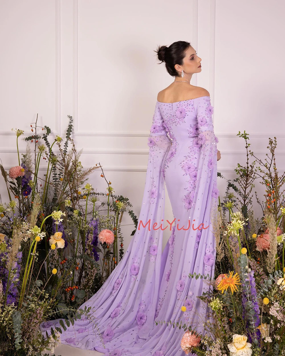 MeiYiJia Mermaid Long-Sleeves Strapless Flower Beaded Floor-Length Saudi Arabia Sexy Evening Birthday Club Outfits Summer 2024