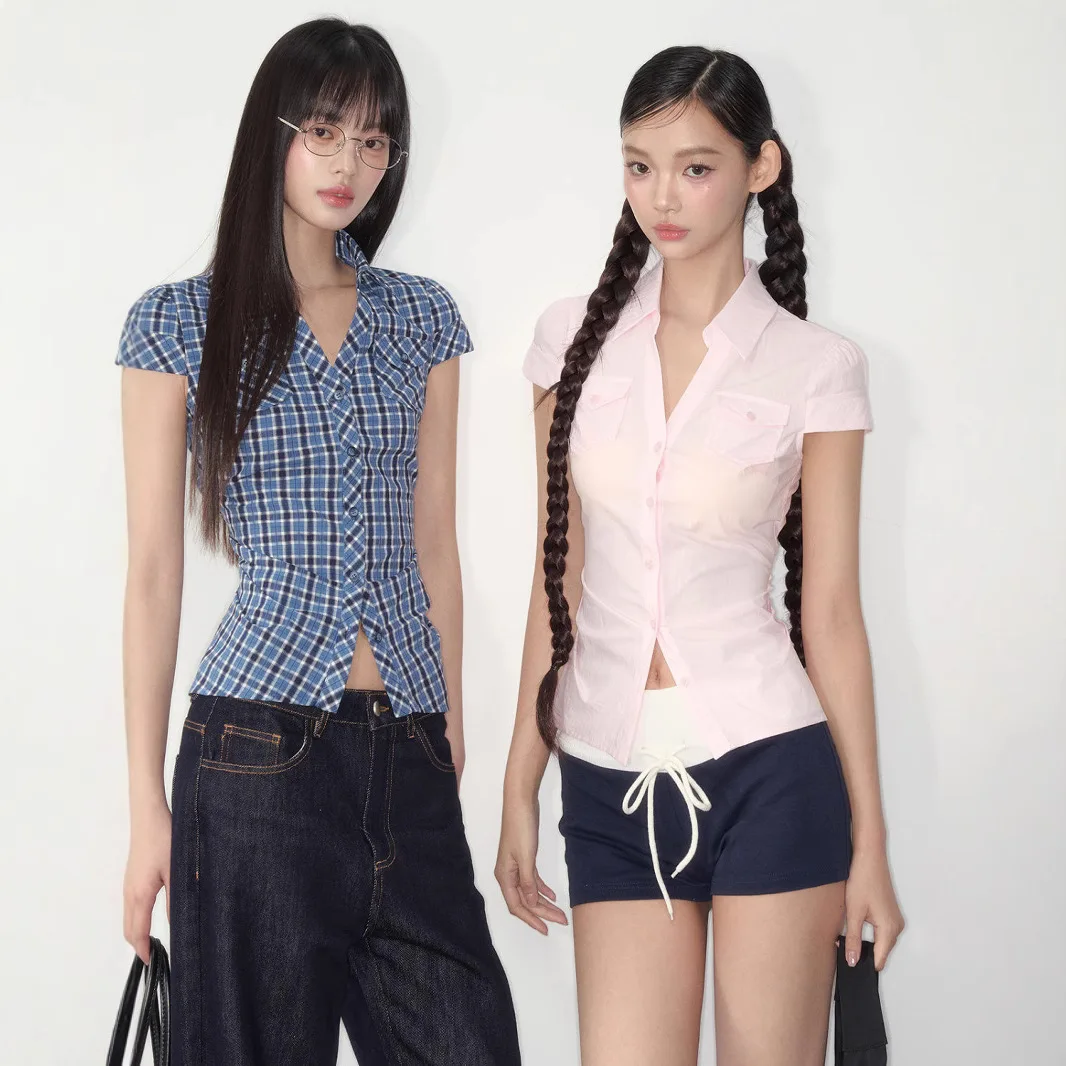 بلوزة صيفية مثيرة للفتيات ذات نمط مثير نقي مع خط عنق على شكل حرف A وأكمام قصيرة وجيوب محيطة للخصر، بلوزة أنيقة للنساء #6