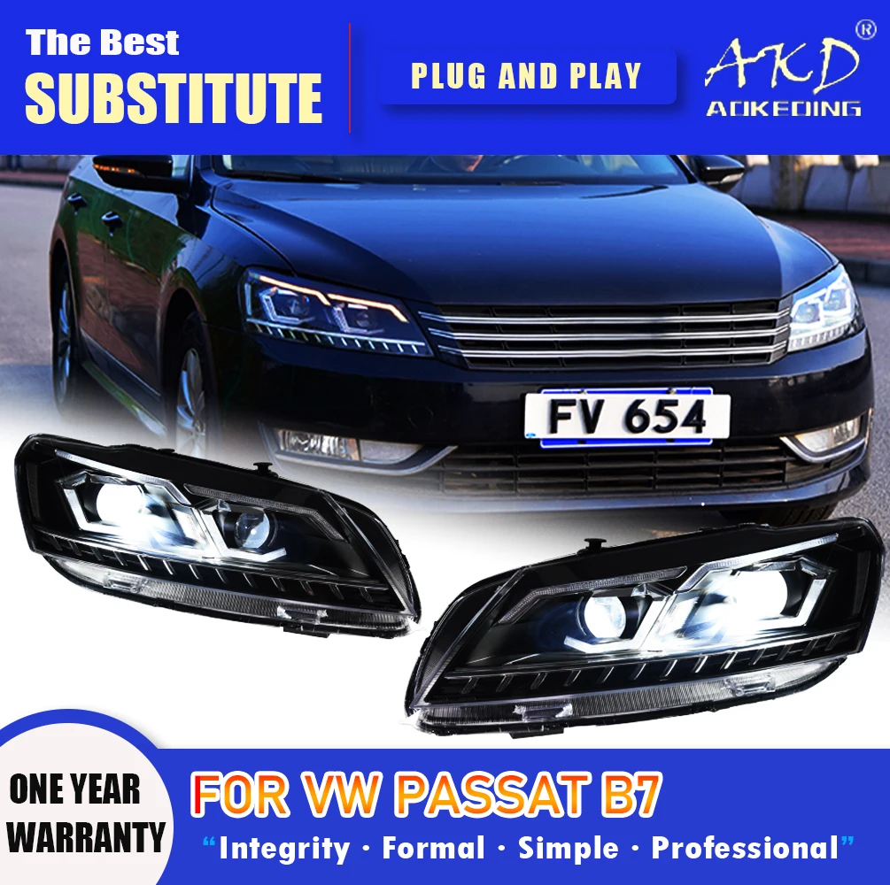 Reflektor AKD do VW Passat B7 Reflektor LED 2011-2016 Wersja amerykańska DRL Kierunkowskaz Światła drogowe Soczewka projektora Angel Eye