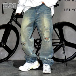 American High Street Distressed Ripped Jeans For Men Streetwear Stacked Jeans Harajuku Trousers Casual Baggy Denim Cargo Pants