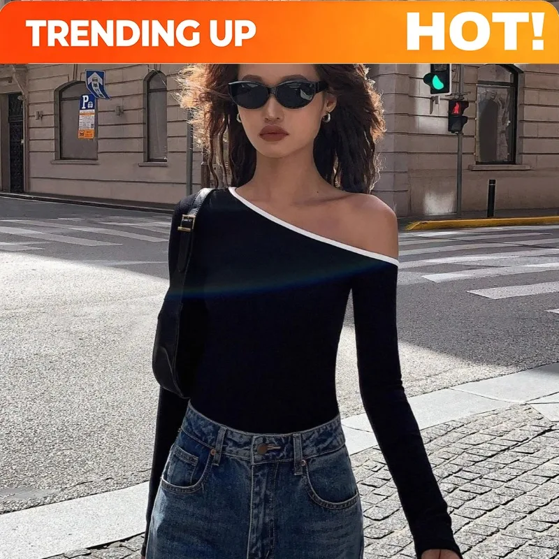 Street Trend Diagonal Collar T-shirt Unique Design Sense Niche Off-the-shoulder 2025 Spring and Summer New Fashion Women's