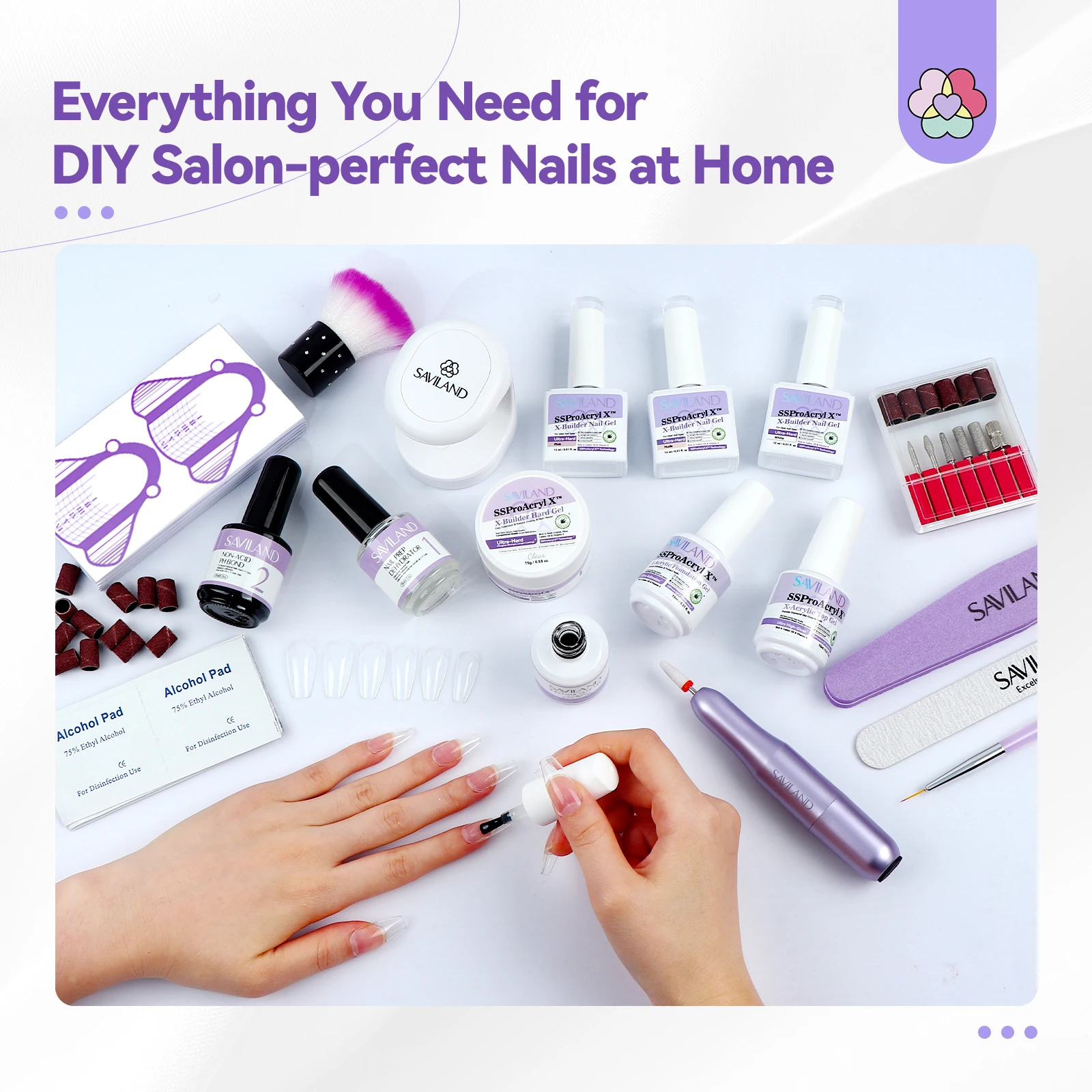 세이빌랜드 하드 빌더 젤 키트 (네일 드릴 포함) 클리어 핑크 누드 화이트 캐스터 오일 포뮬러 UV 램프 베이스 탑 네일 익스텐션용