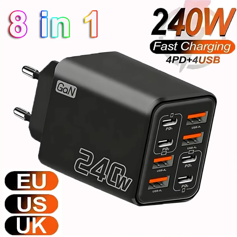 240W GaN USB-C Ladegerät 8-in-1 Schnellladegerät für iPhone Xiaomi Typ-C EU/US/UK Stecker Wandladegerät 2026