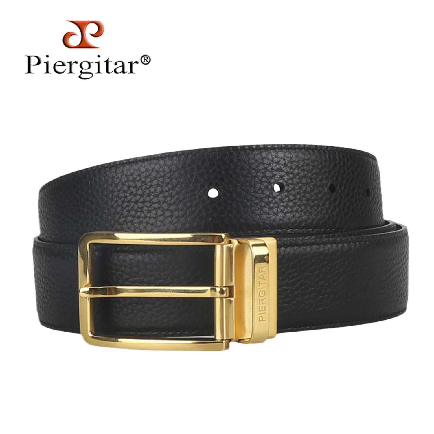 Piergitar Black Lychee Pattern Genuine Leather Men's Belt With Luxury Gold Or Sliver Mirror Buckle For Business Formal Occasions