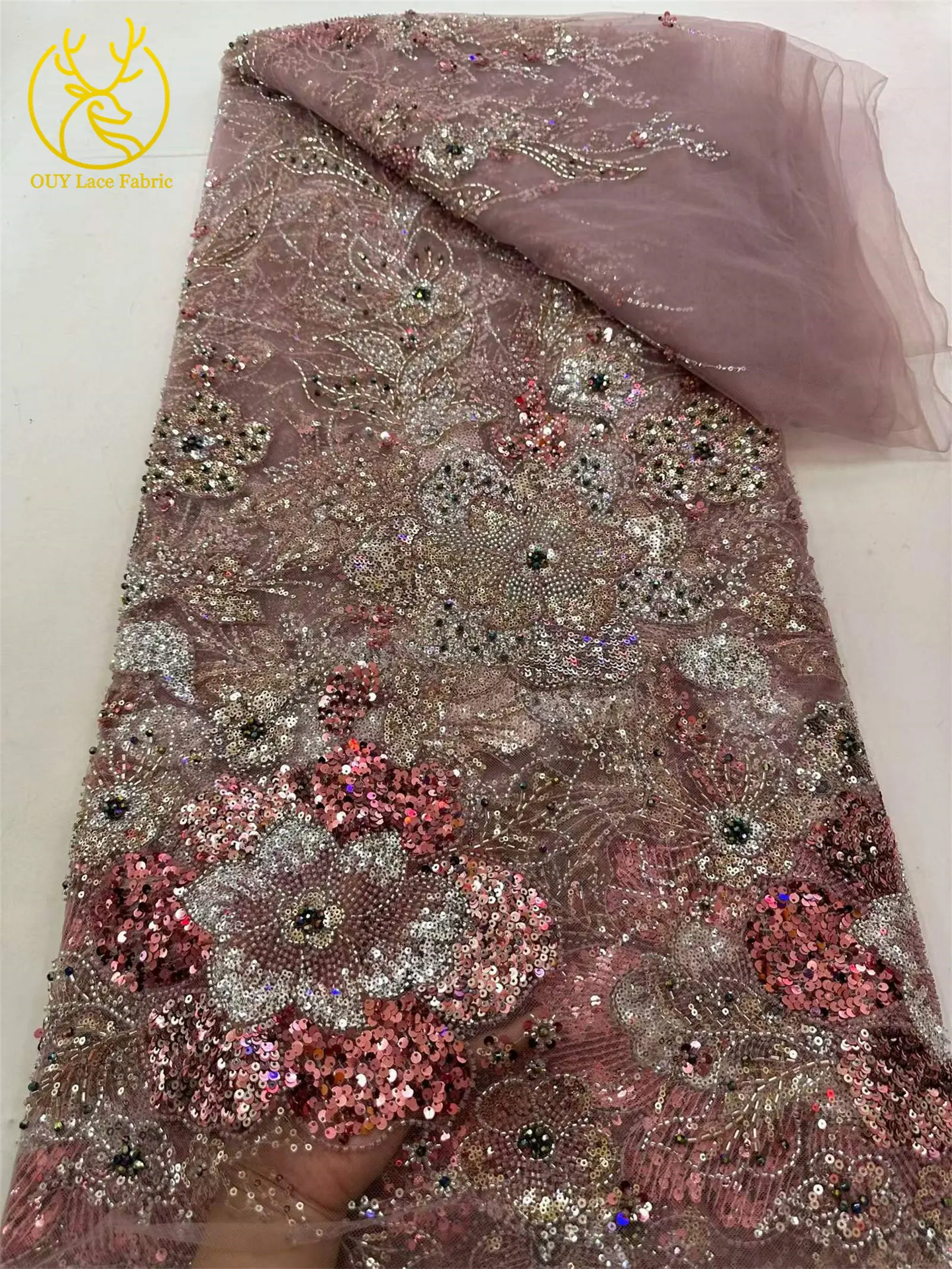 Afrikanischer Brautkleid-Stoff mit Stickerei und Perlen, hochwertiger nigerianischer französischer Pailletten-Tüll-Mesh-Spitzenstoff für Brautkleider – Detail 10