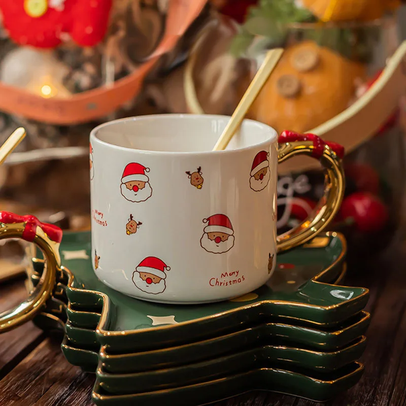 Christmas High-grade Ceramic Coffee Mug Saucer Set European-style Gold Handle Exquisite Tea Cup with Tray Saucer Spoon for Gifts