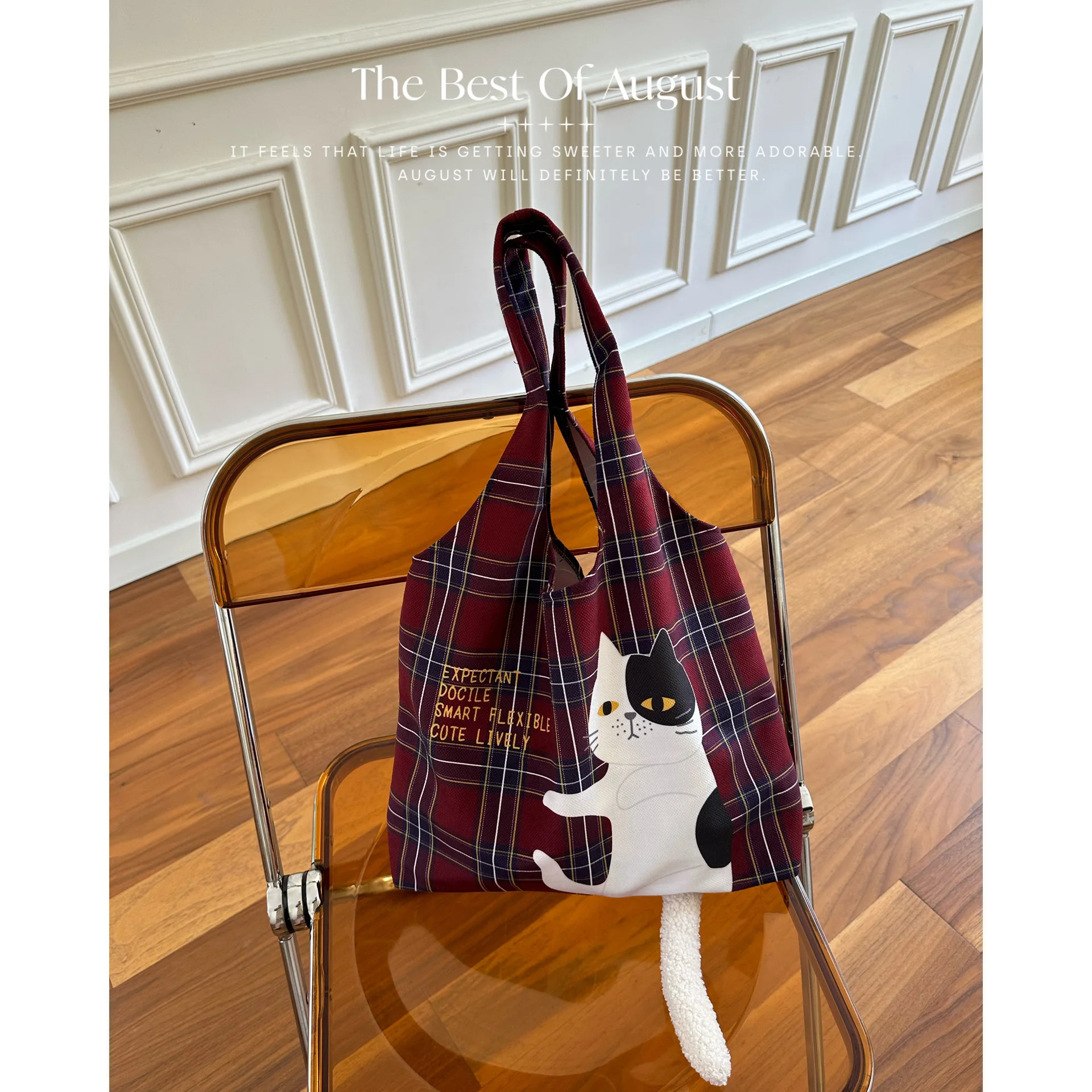 Scottish Plaid Flocking Cat Printed Fabric Bag Tote Shopping Bag Vintage Illustration Large Capacity Shoulder Bag