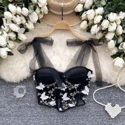 Sexy Mesh Embroidery Butterfly Bandage Camis Chic Korean Tank Top Slim Corset Bustier Summer Women Party Hotsweet Crop Top