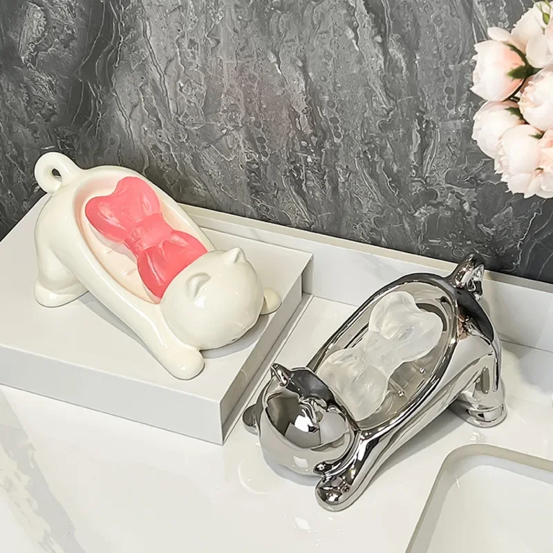 Playful Cat Soap Dish Ceramic Soap Drainage Holder Multi-Hole Draining Tray Thickened Enlarged Design Fun Bathroom Decor