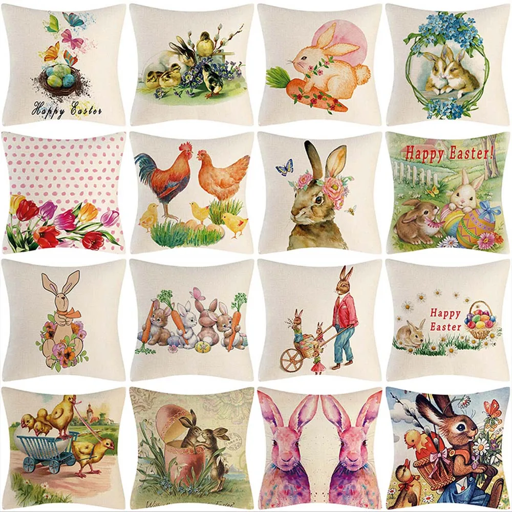 Happy Easter Decoration Pillowcase Sofa Cushion Cover For Home Party Decor Bunny Printed Polyester Throw Pillow Case 45x45cm