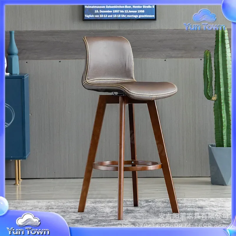 Solid Wood Bar Chair for Home Office Cafe Restaurant Rotating High Stool with Backrest for Milk Tea Shop Sofa Store Front