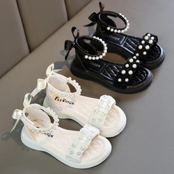 Girls Roman Sandals Sweet Children's Summer Sandals with Bowtie Fashion Pearl Open-toe Kid Causal Princess High-top Flat Sandals