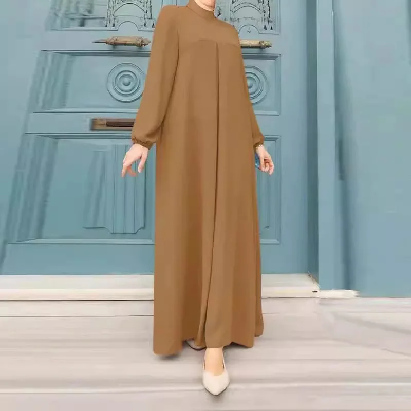 

2025 Muslim Women's Abaya Elegant and Atmospheric Dress with Round Neck Patchwork Bubble Sleeves and Long Robe Islam Elegant