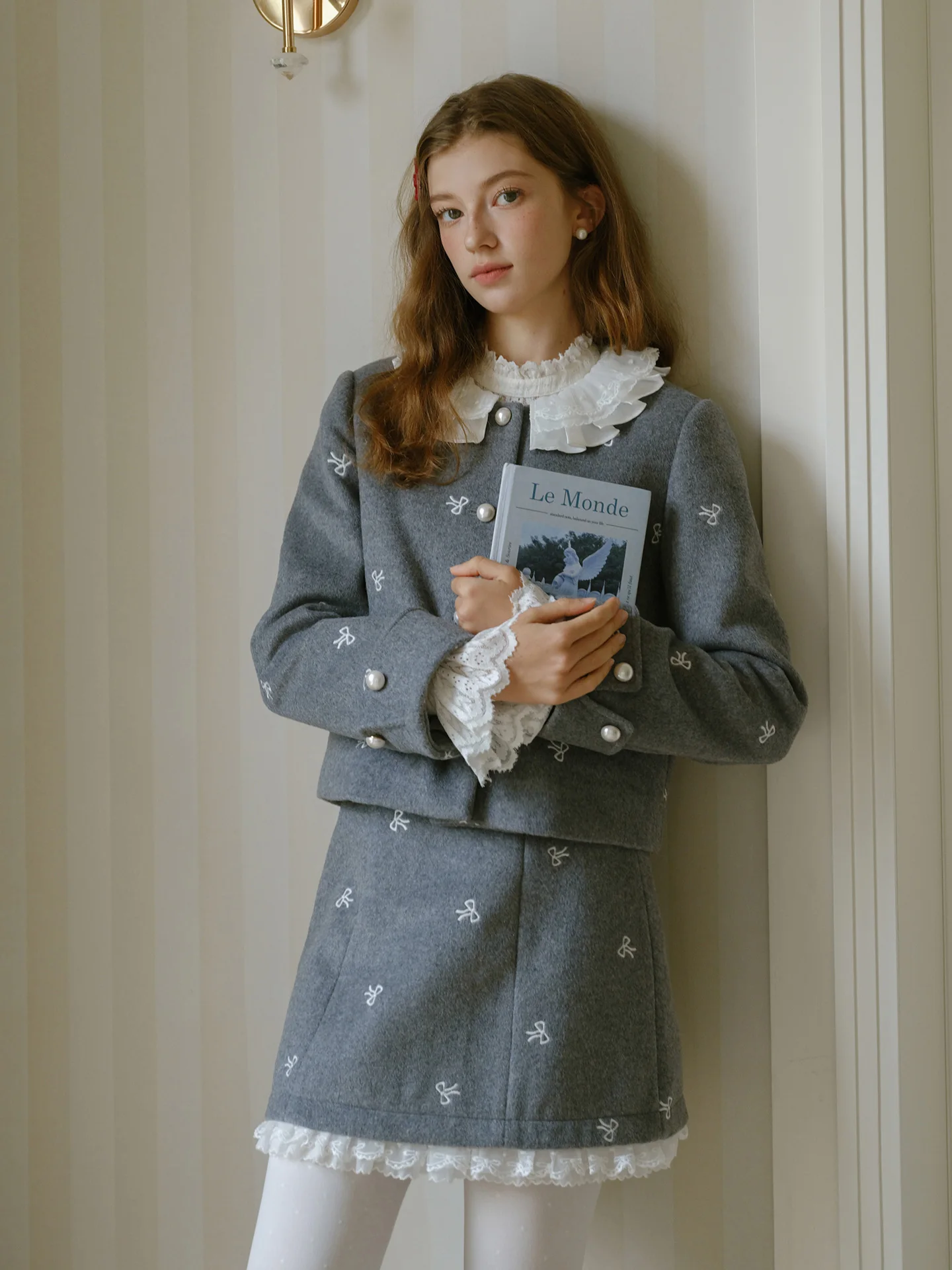 Grey Autumn Winter Set Detachable Lace Collar Woolen Jacket Short Top Half Skirt Women Style Comfortable Commute Fashion