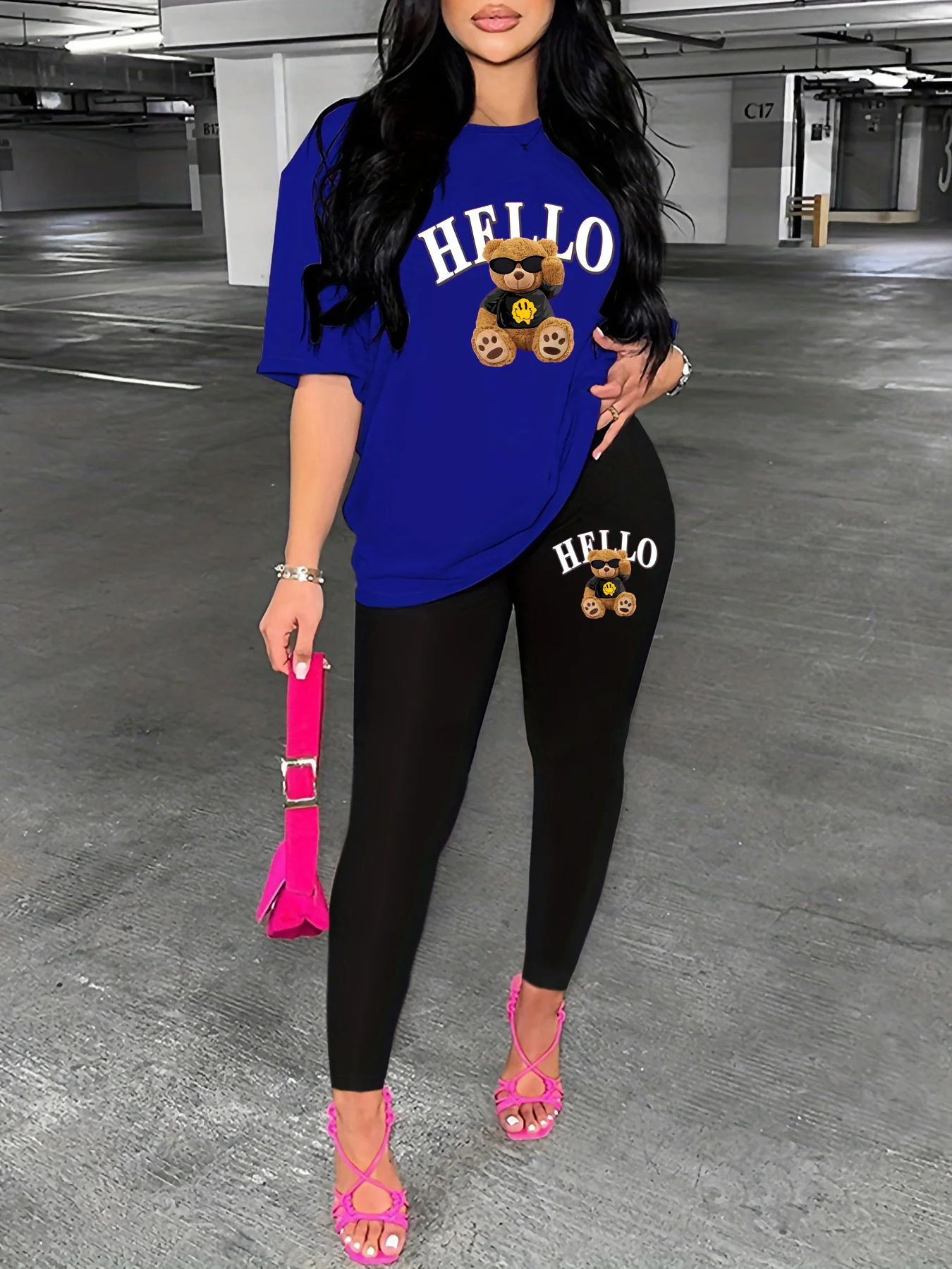 Women's Spring and Summer Loose Casual Large HELLO Bear Cartoon Printed Short Sleeve T-shirt+Tight Pants Two Piece Set
