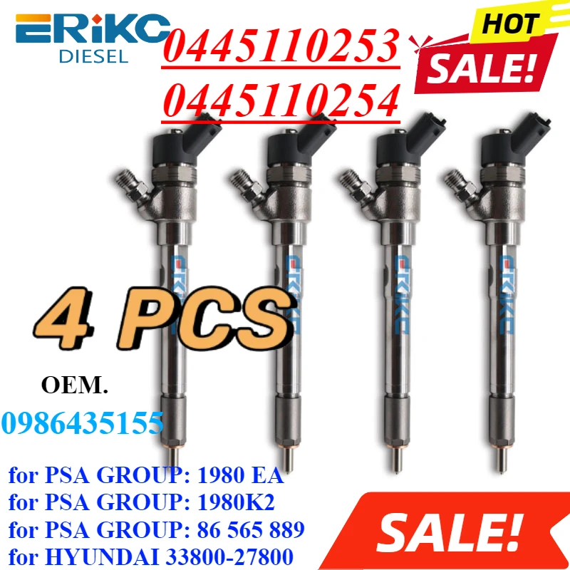 4PC 0445110253 0445110254 Common Rail Fuel Injector 0986435155 for HYUNDAI 33800-27800 PSA GROUP 1980EA 1980K2 86565889