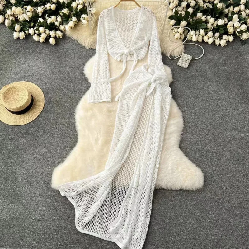 Bonny ถักแขนยาว Bonds Top One piece กระโปรงผู้หญิงชายหาดบิกินี่ Cover Up อาบแดดดูผ่านครีมกันแดด Smock
