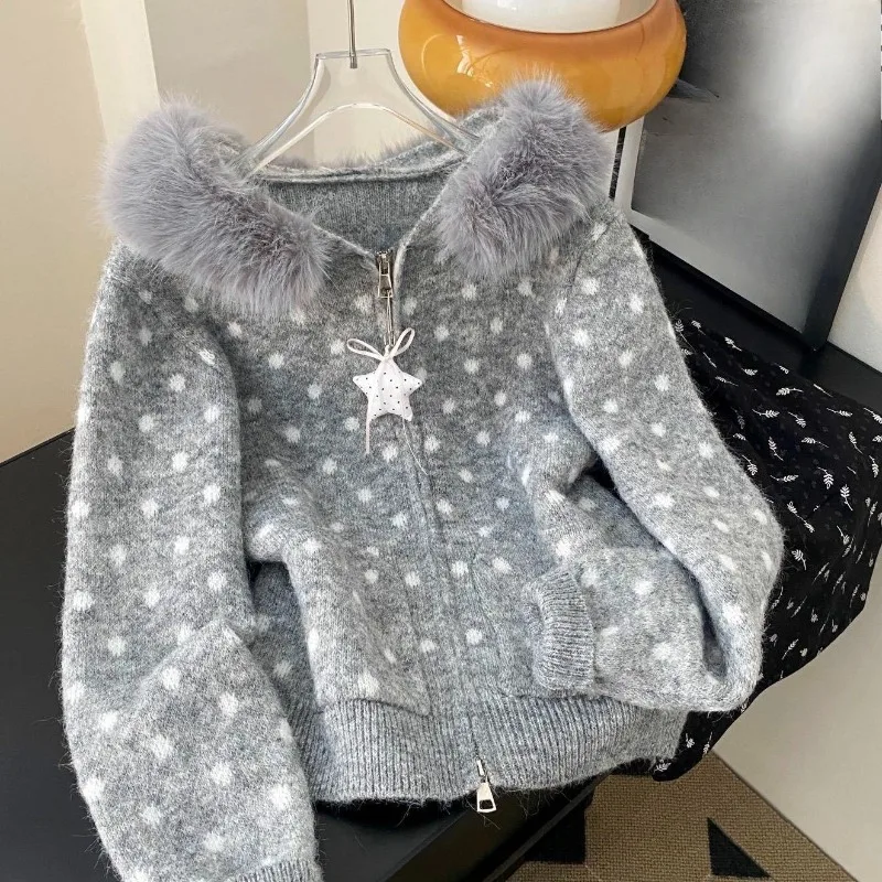 Kimutomo Knitted Cardigan Women Polka Dot Outwear Hooded Sweater Autumn Winter Fashion Loose Long Sleeve Grunge Y2k Aesthetic